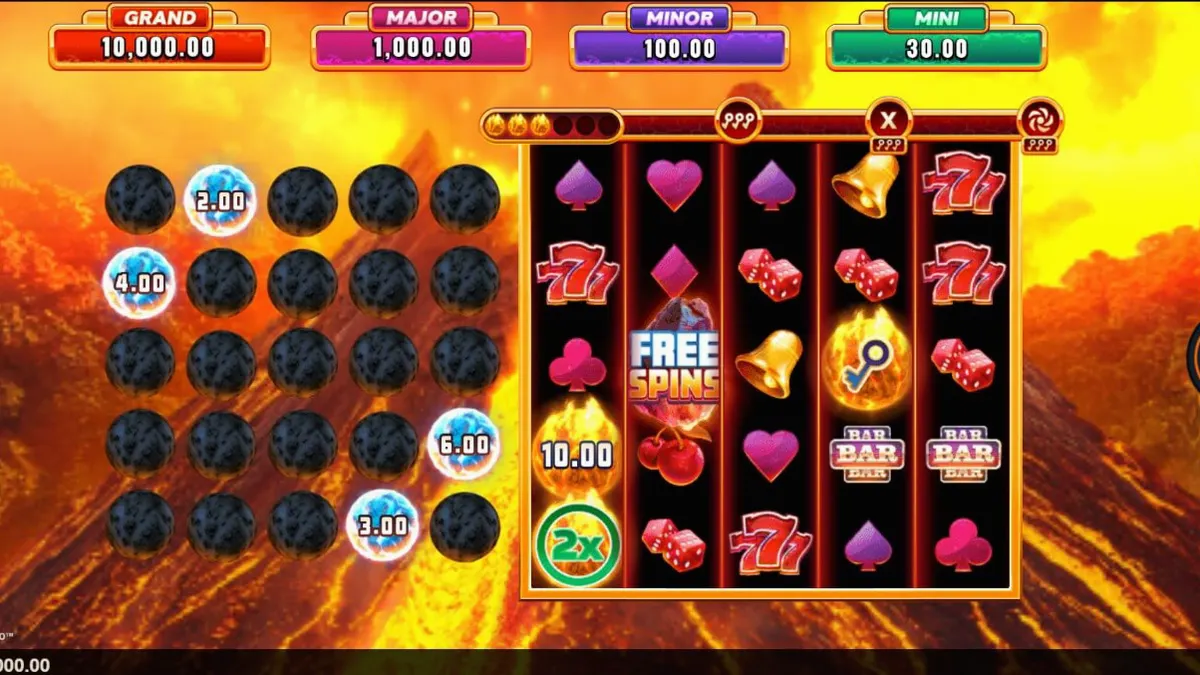 Tampilan visual slot Eruption Blaze Cashingo dengan latar belakang gunung berapi yang meletus.